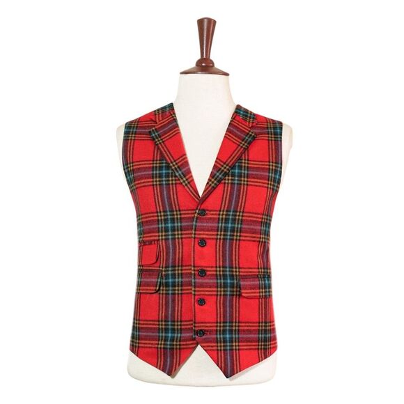 Mens 46R Red Blue Orange Wool Plaid Waistcoat Vest Formal Wedding Preppy Casual - Picture 1 of 8